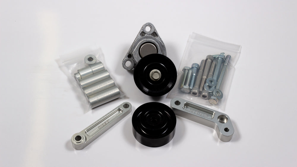 Sikky Front drive mount kit includes Power steering spacers and hardware (need to add either PS Delete or PS mount), Alternator mounting brackets and hardware, Tensioner and hardware.